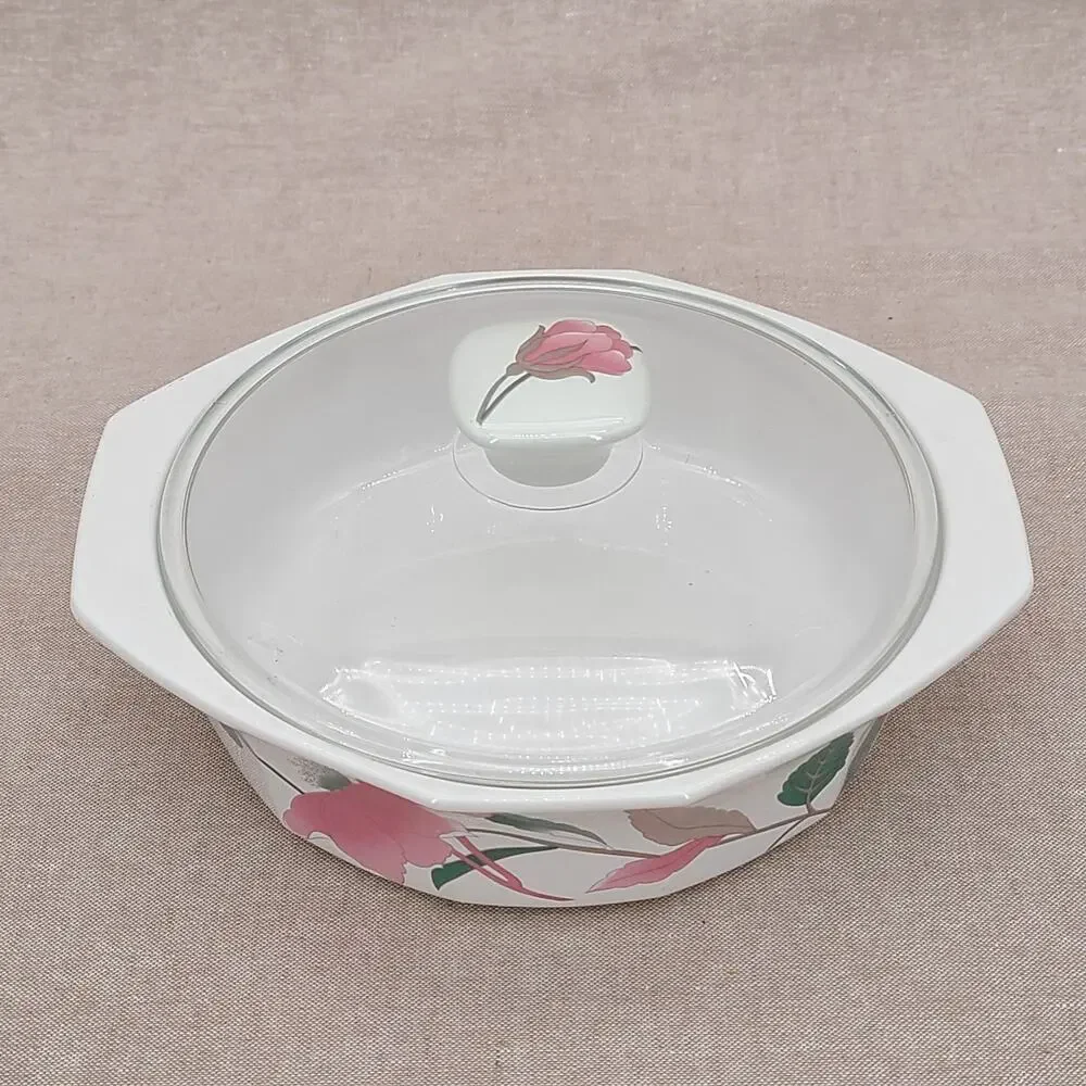 Vtg Mikasa Fire & Ice Silk Flowers Covered Casserole Dish 80's Glass Lid AA009